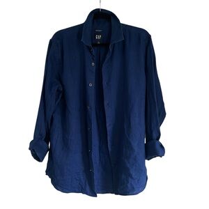 Soft 100% Linen Long Sleeve Button Up Shirt Blue Dark Buttons